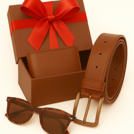 Men’s Classic Gift Combo – Tan Belt, Wallet & Sunglasses Set