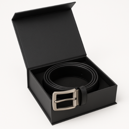 Classic Black Leather Belt – Premium Gift Box Edition