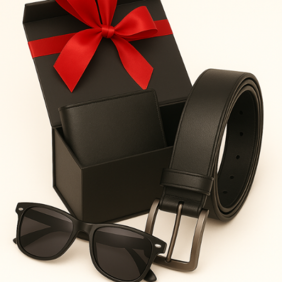 3-in-1 Black Leather Gift Set – Belt, Wallet & Sunglasses